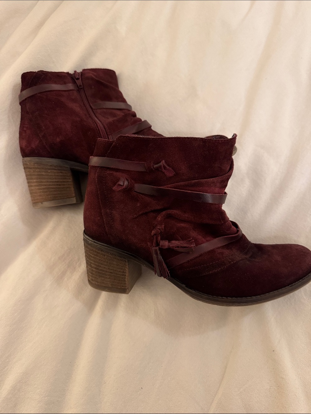 Unity in Diversity Burgundy Suede Ankle Boots with Tassel Wrap (size 39; 8.5 US)